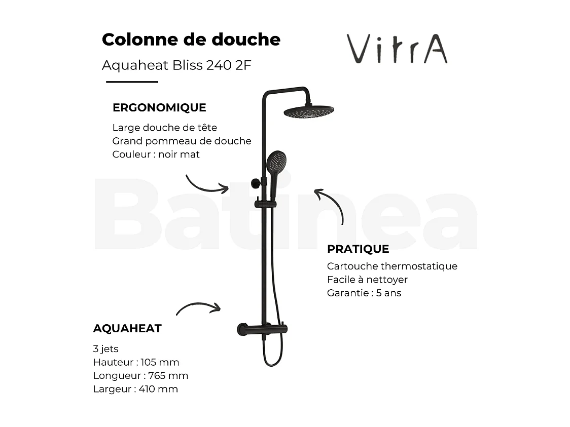 Colonne de douche thermostatique VITRA Aquaheat Bliss 240 2F noir mat + nettoyant