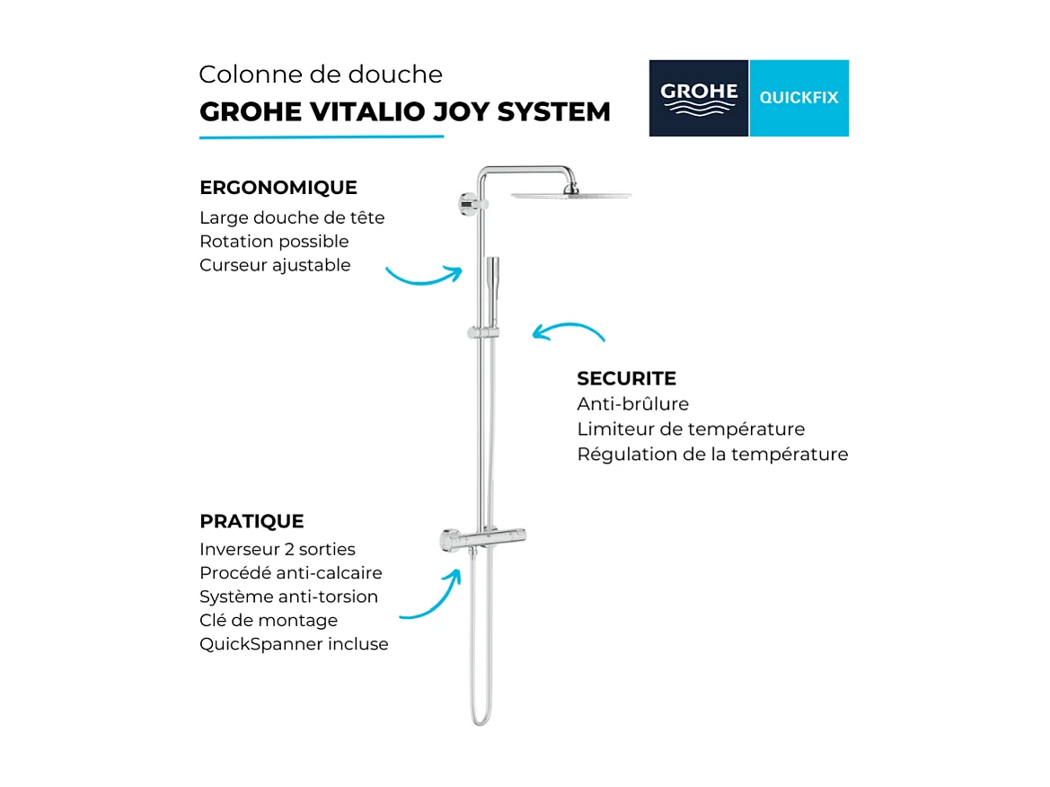 GROHE Colonne de douche avec mitigeur thermostatique Vitalio Joy System 230 avec nettoyant GrohClean