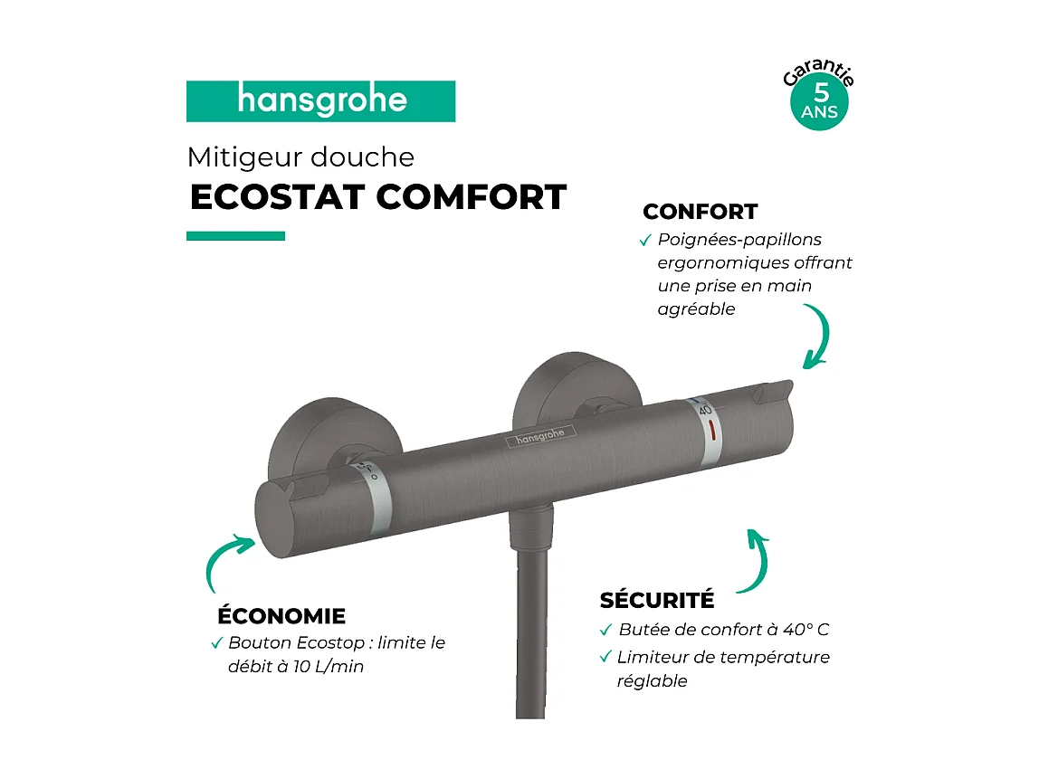 Mitigeur douche thermostatique HANSGROHE Ecostat Comfort noir chromé brossé