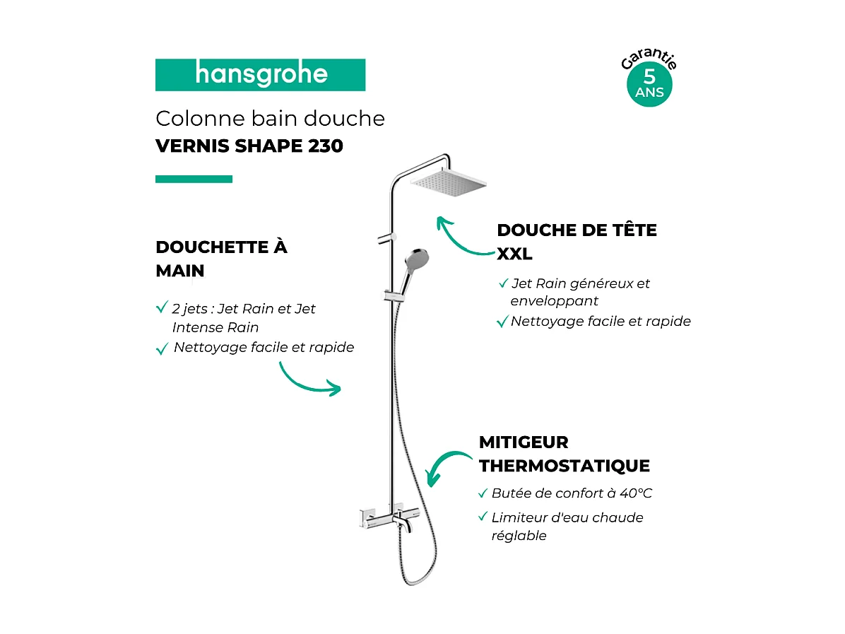 Colonne bain douche thermostatique HANSGROHE Vernis Shape 230 chromé + nettoyant Briochin