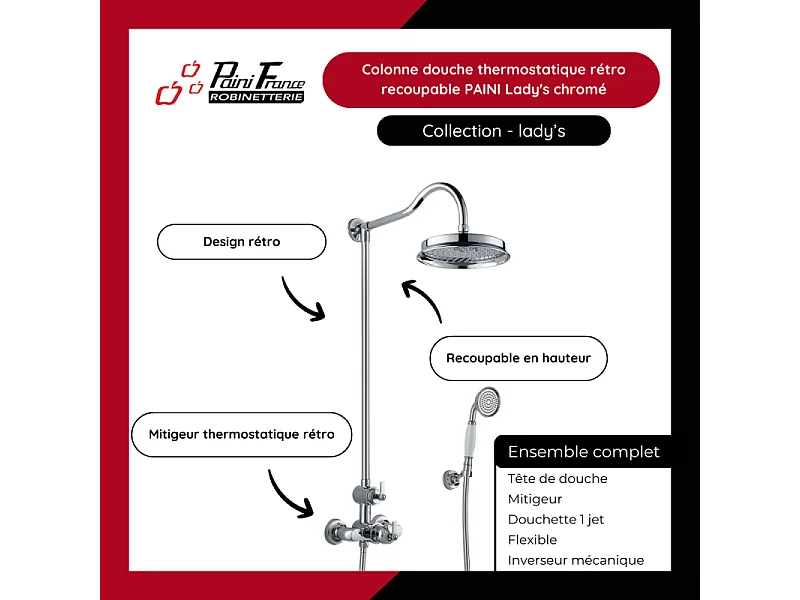 Colonne de douche thermostatique recoupable PAINI Lady's Chrome + nettoyant Briochin