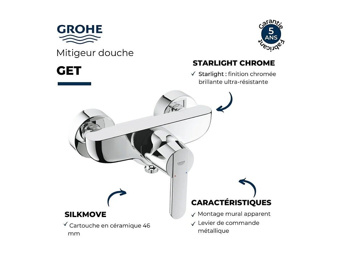 Mitigeur douche mécanique GROHE Quickfix Get + nettoyant GrohClean