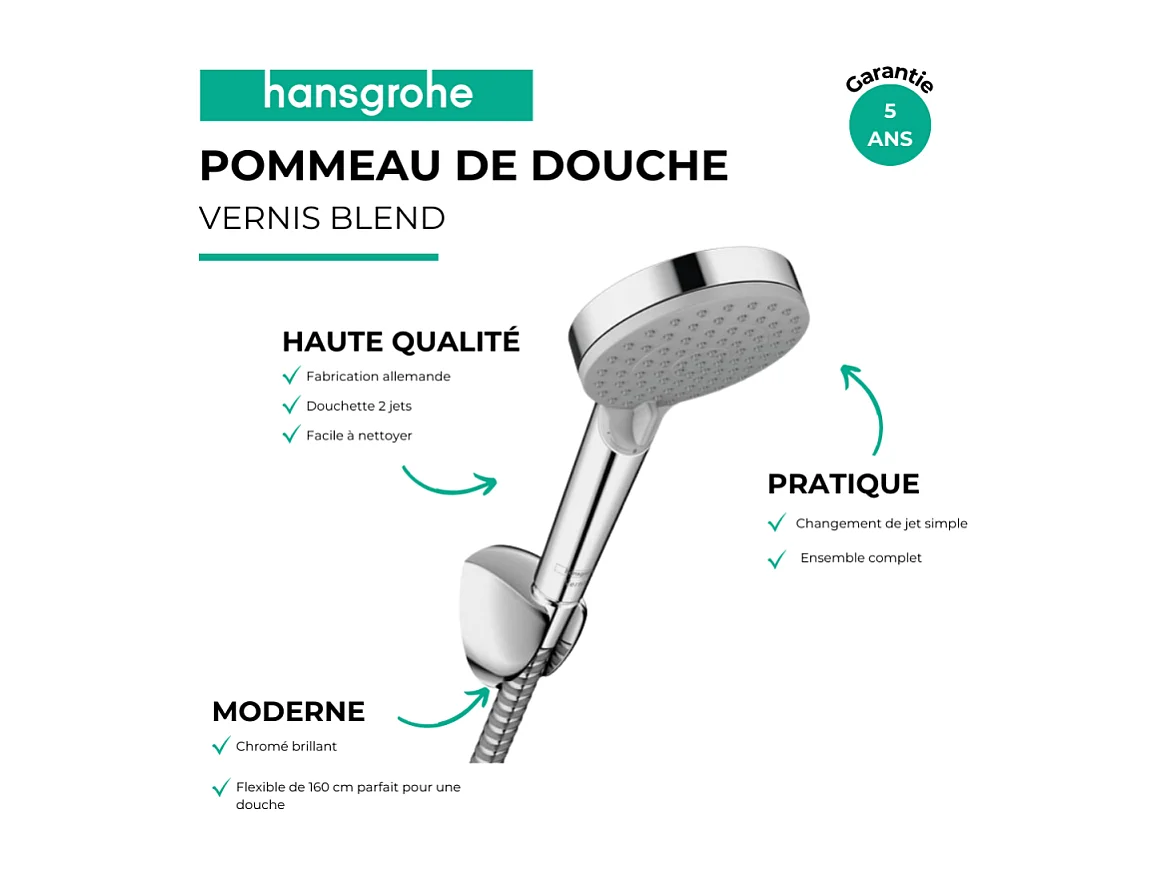 Pommeau de douche HANSGROHE Vernis Blend 100 support et flexible 160 cm chromé