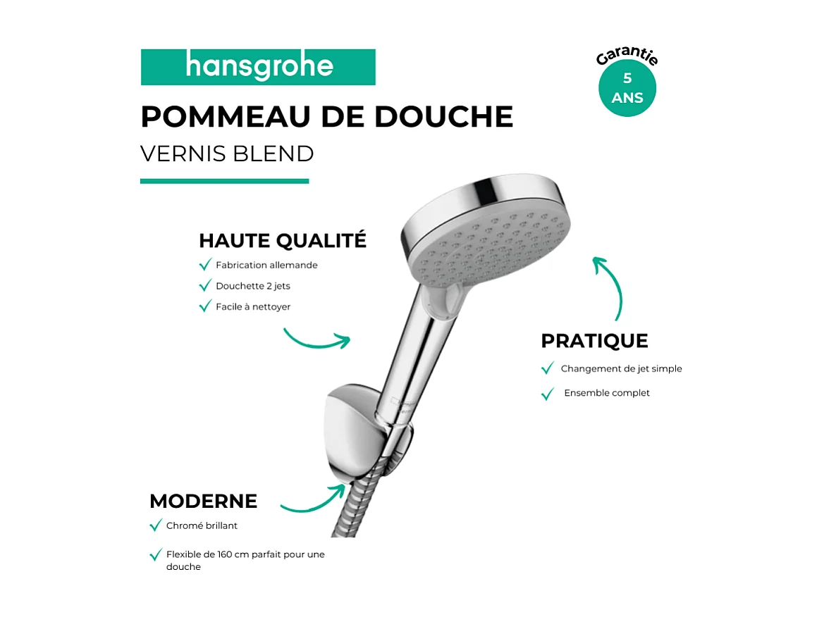 Pommeau de douche HANSGROHE Vernis Blend 100 support et flexible 160 cm chromé