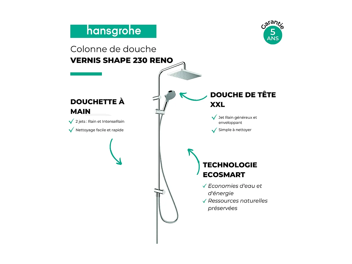Colonne de douche ou bain douche sans mitigeur HANSGROHE Vernis Shape 230 EcoSmart chromé