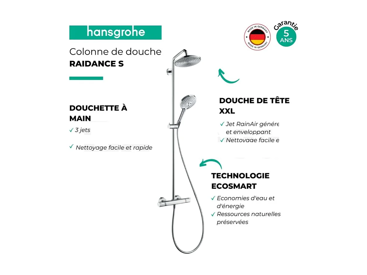 Colonne de douche thermostatique HANSGROHE Raidance S EcoSmart chromée + nettoyant Briochin