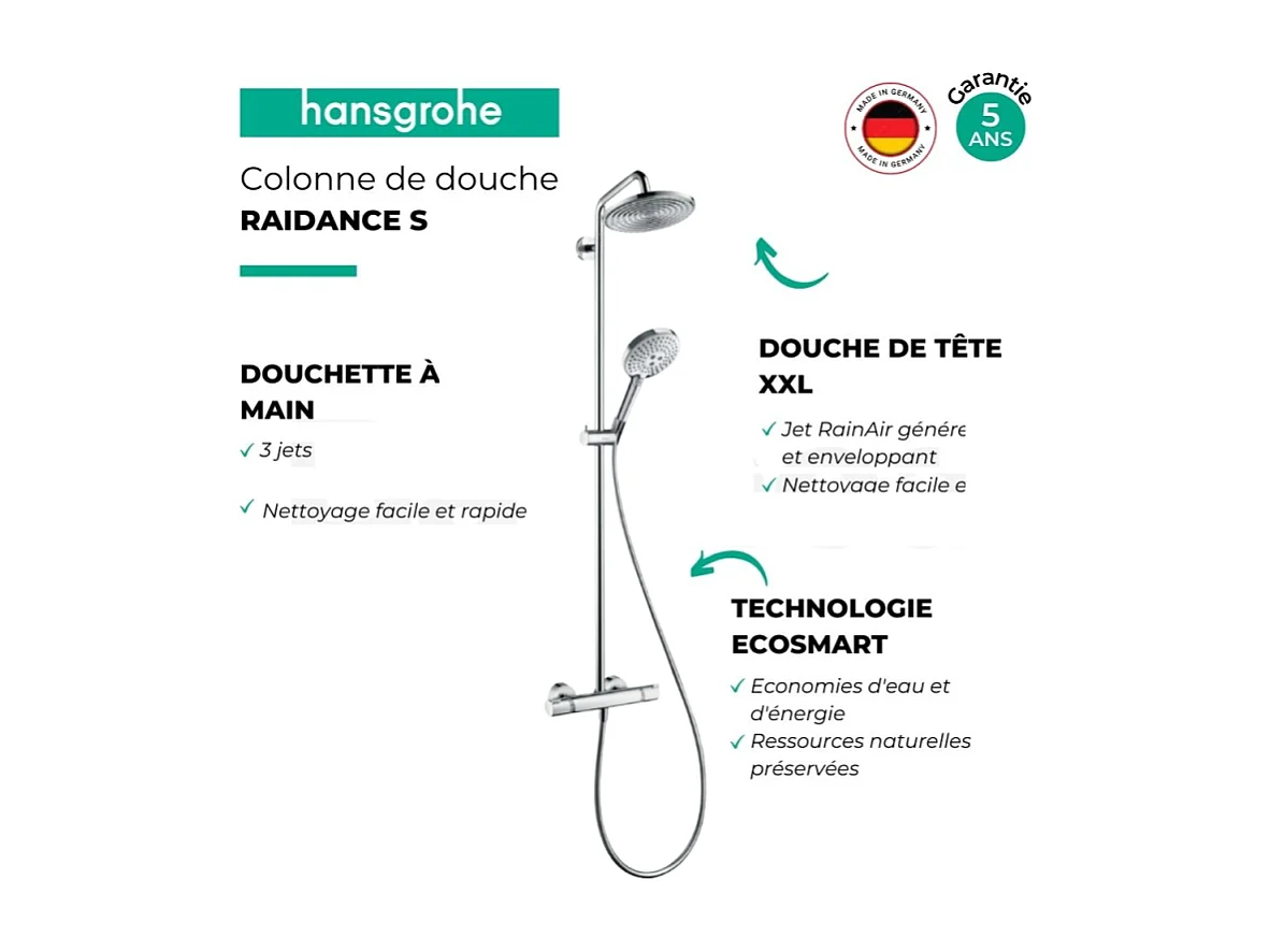 Colonne de douche thermostatique HANSGROHE Raidance S 240 EcoSmart chromé