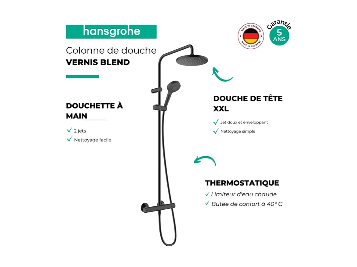 HANSGROHE Columna de ducha termostática Vernis Blend 200 negro mate