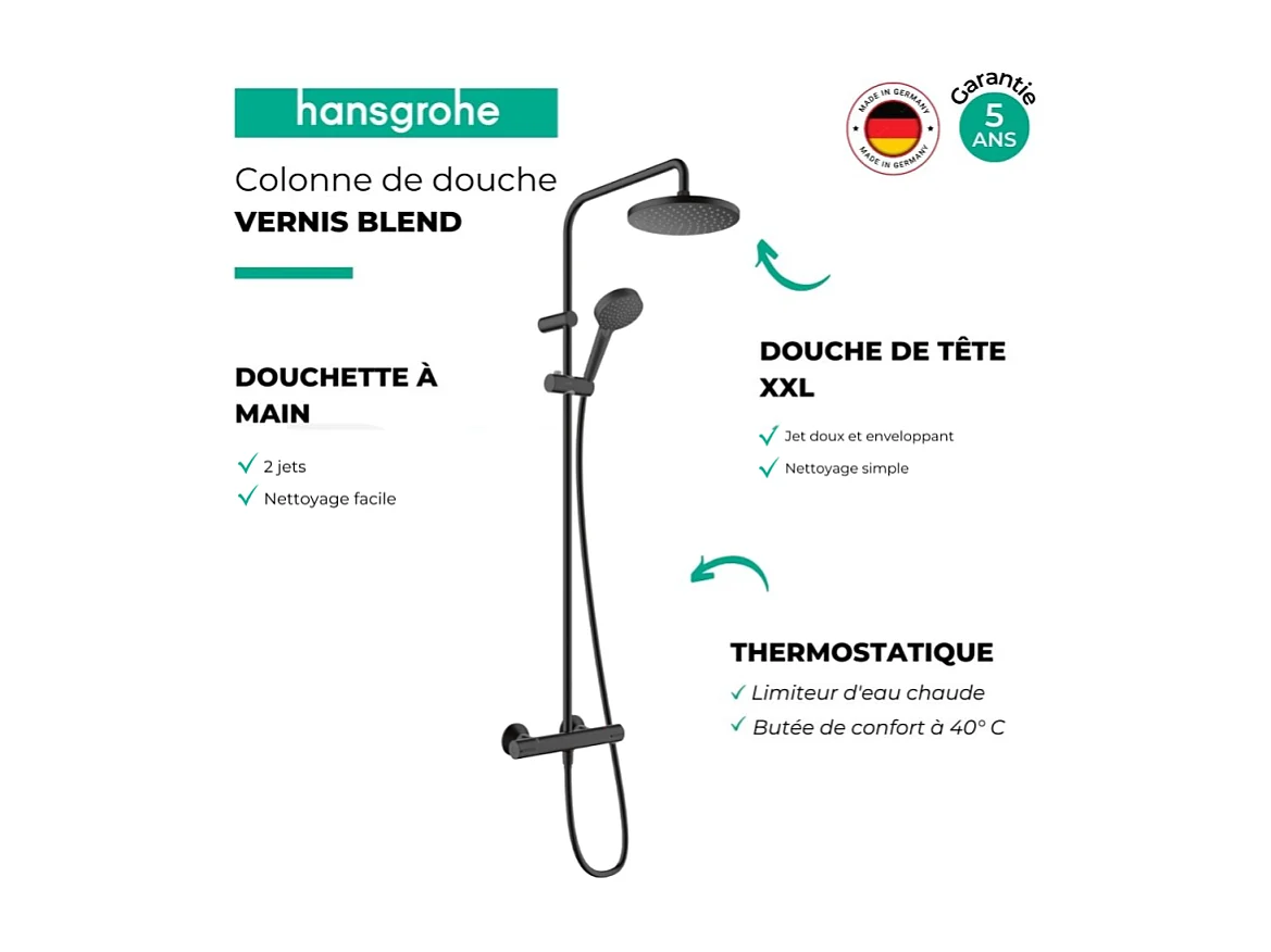 Colonne de douche thermostatique HANSGROHE Vernis Blend 200 noir mat