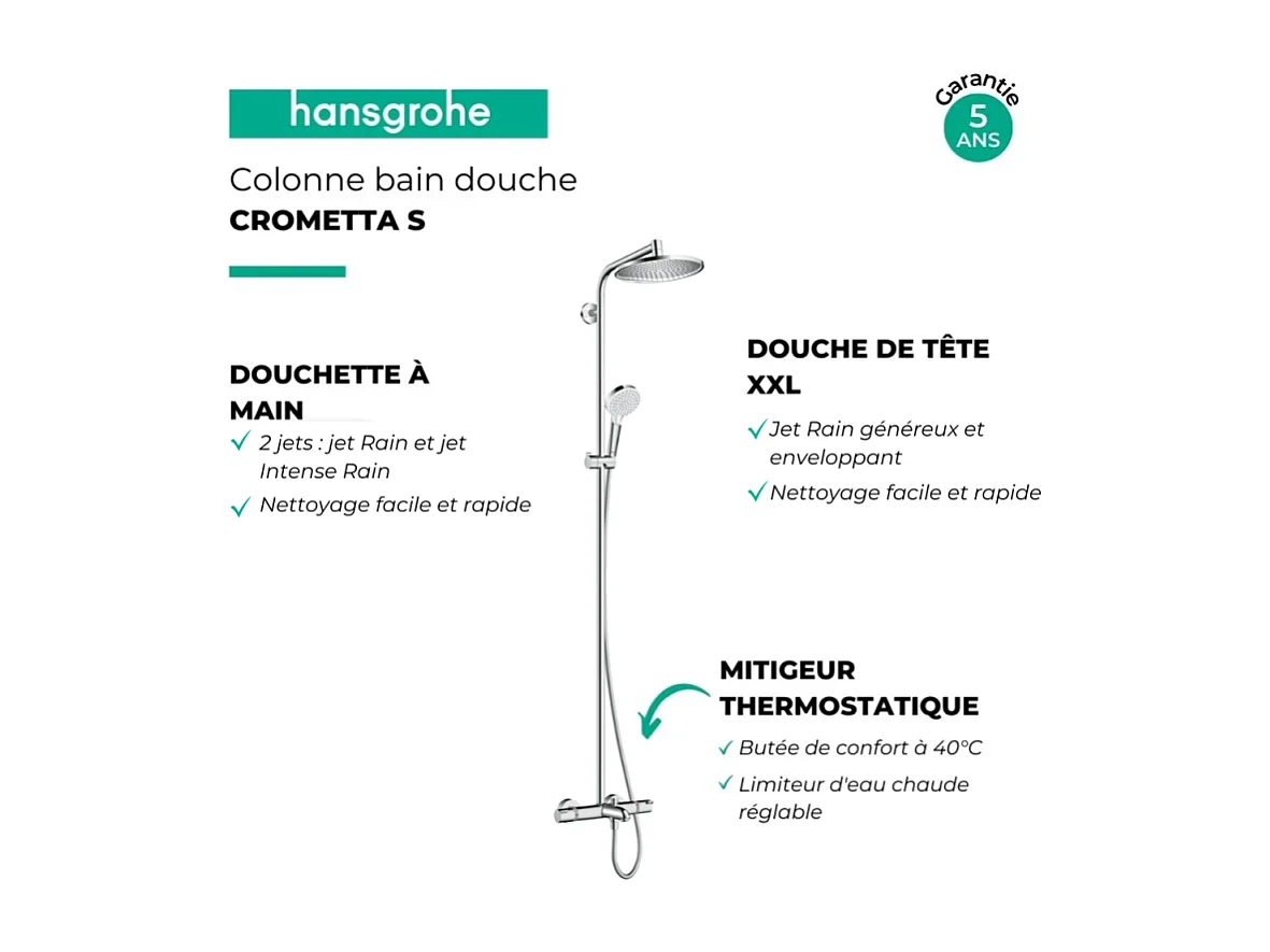 Colonne bain douche thermostatique HANSGROHE Crometta S 240 chromé