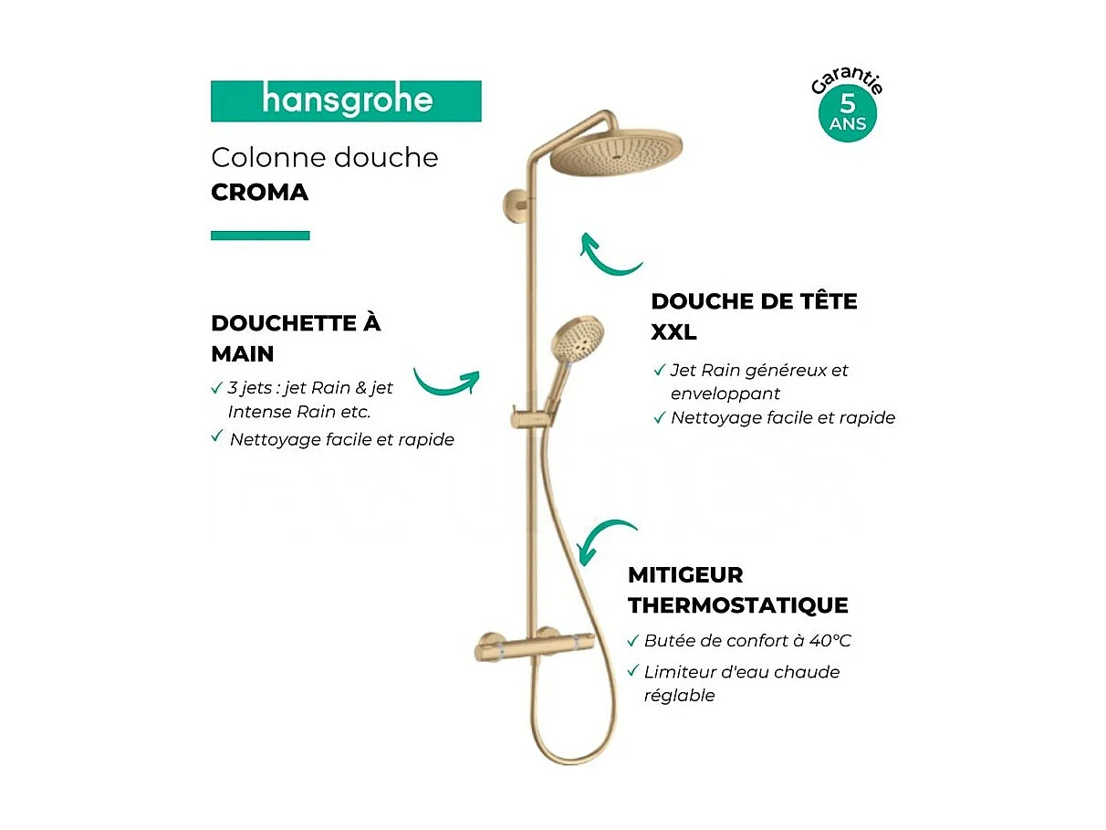 Colonne de douche thermostatique HANSGROHE Croma Select S 280 Aspect dorée poli + nettoyant Briochin