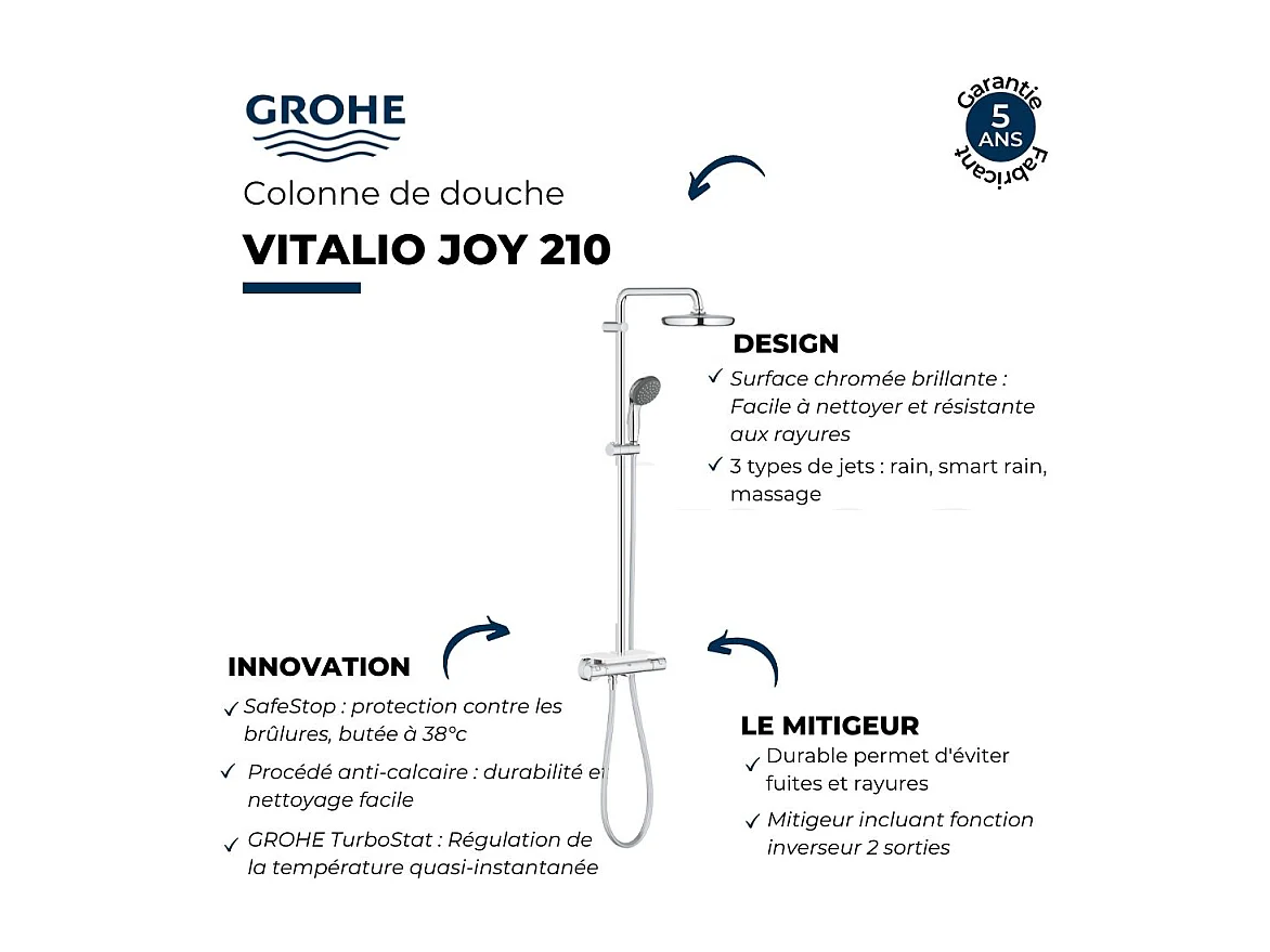 Colonne de douche avec mitigeur thermostatique GROHE Vitalio Joy System 210 Quickfix  + Nettoyant GroheClean
