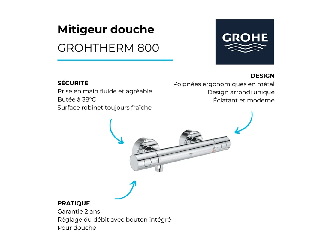 Mitigeur thermostatique douche GROHE Grohtherm 800 chromé avec filtres intégrés