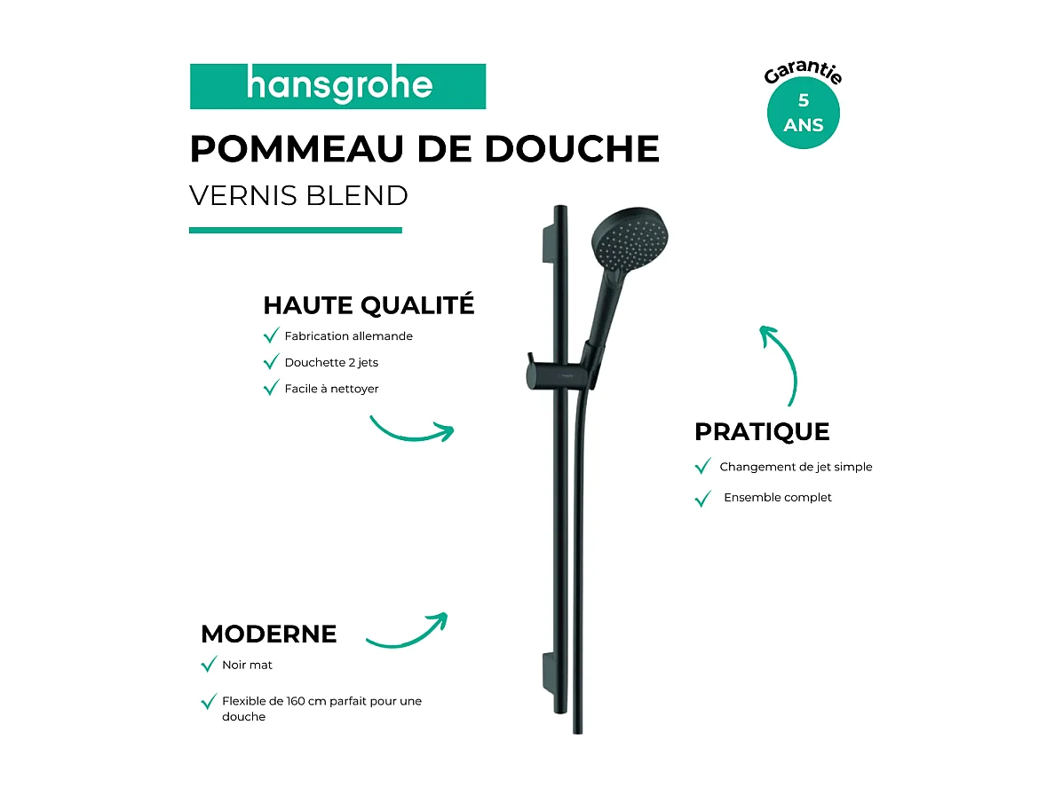Pommeau de douche HANSGROHE Vernis Blend 2 jets barre + flexible noir mat