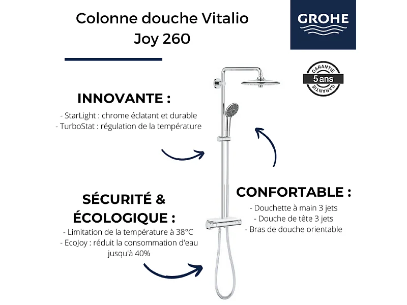 GROHE Colonne de douche thermostatique Vitalio Joy 260 avec nettoyant robinetterie GrohClean