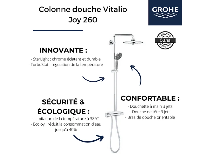 GROHE Colonne de douche thermostatique Vitalio Joy 260 avec nettoyant robinetterie GrohClean