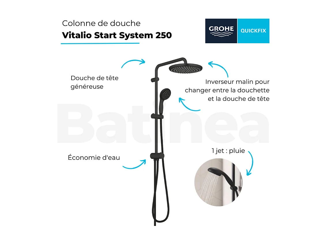 Colonne de douche GROHE Vitalio Start System 250 avec inverseur noir + Nettoyant GrohClean