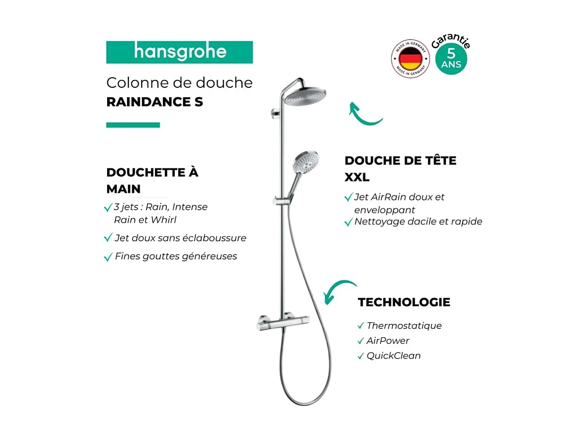 Colonne de douche thermostatique HANSGROHE Raindance S 240 chromée + nettoyant Briochin