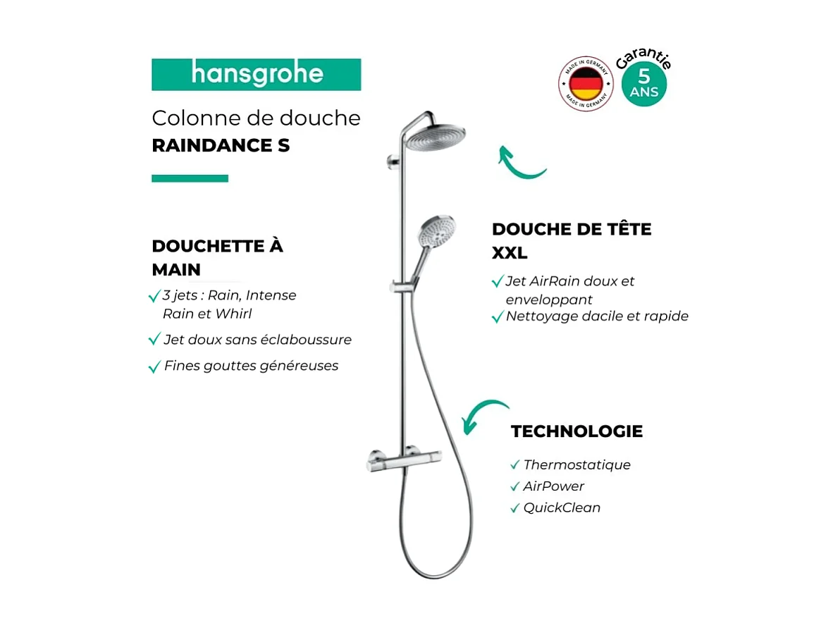 Colonne de douche thermostatique HANSGROHE Raindance S 240 chromée + nettoyant Briochin
