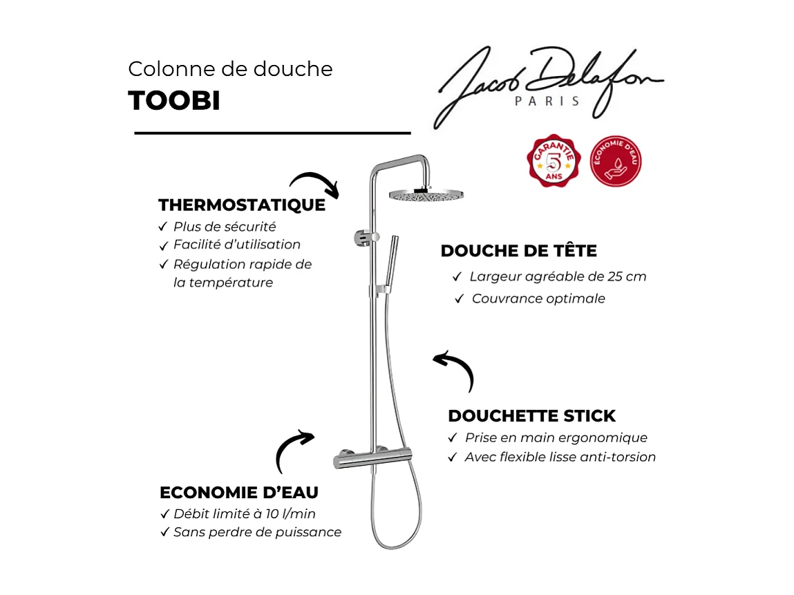 Colonne de douche thermostatique JACOB DELAFON Toobi + nettoyant Briochin