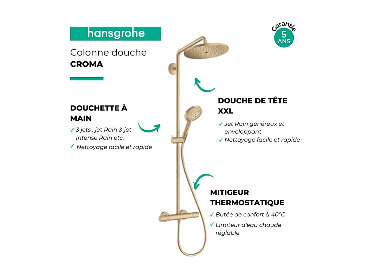Colonne de douche thermostatique HANSGROHE Croma Select S 280 aspect doré poli