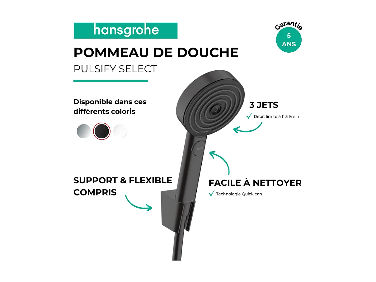 Pommeau de douche HANSGROHE Pulsify Select S 3jet Relaxation avec support et flexible 160 cm noir mat