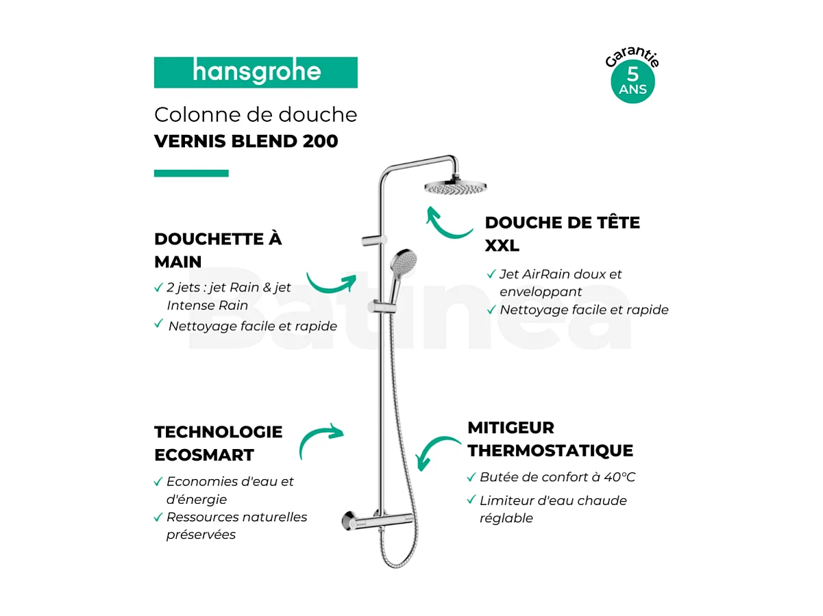 Colonne de douche thermostatique HANSGROHE Vernis Blend 200 EcoSmart chromé