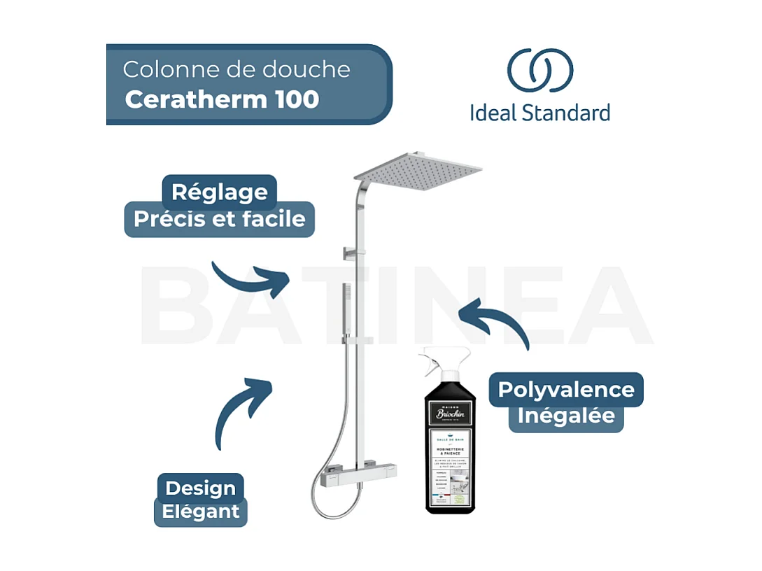 Colonne douche thermostatique IDEAL STANDARD Ceratherm C100 + Nettoyant BRIOCHIN Ecocert