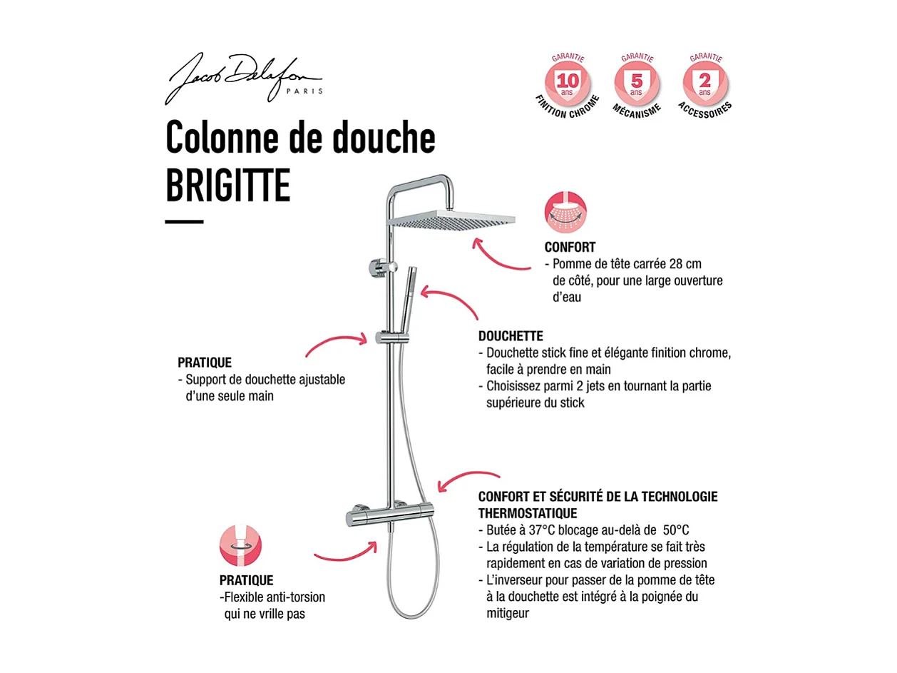 Colonne de douche thermostatique JACOB DELAFON Brigitte chromé