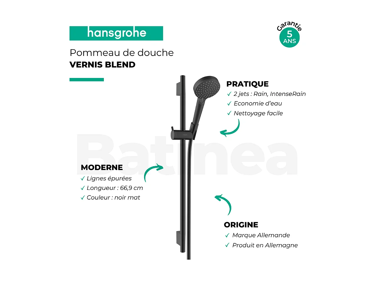 HANSGROHE Vernis Blend EcoSmart rociador de ducha de 2 chorros con barra negra mate