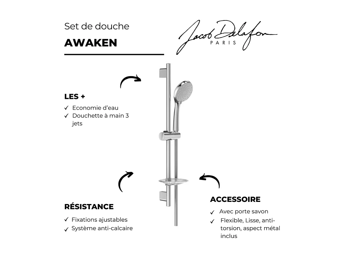 JACOB DELAFON Douchette 3 jets Awaken organic avec barre de douche et porte savon