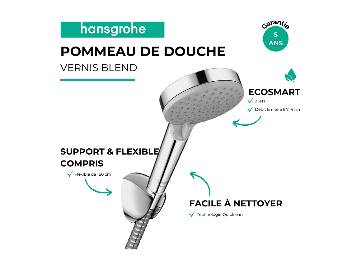 Pommeau de douche HANSGROHE Vernis Blend EcoSmart 100 avec support et flexible chromé