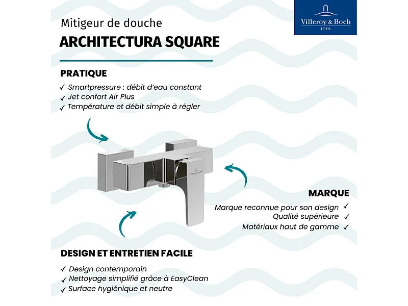 Mitigeur mécanique douche VILLEROY ET BOCH Architectura Square Chrome