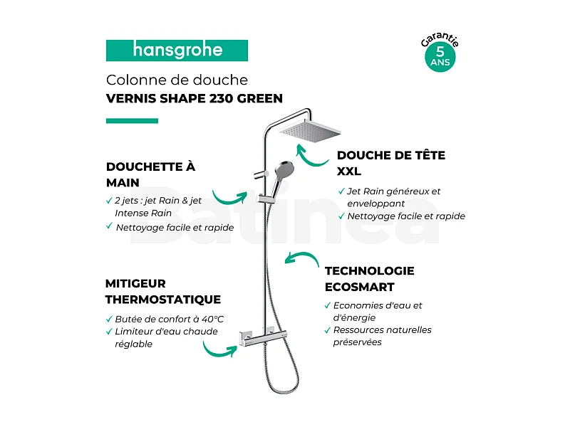 Colonne de douche thermostatique HANSGROHE Vernis Shape 230 Green Chromé + nettoyant Briochin