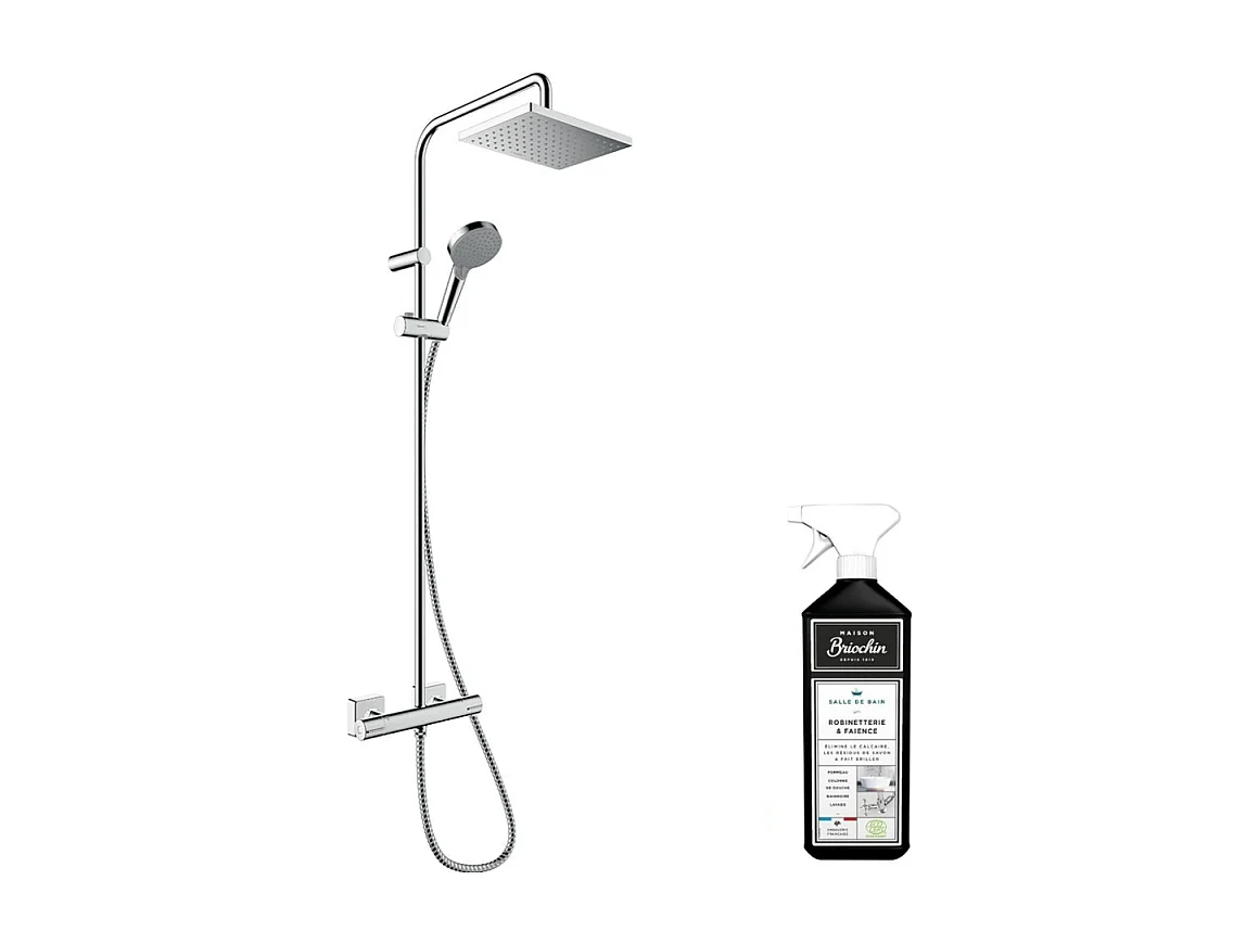 Colonne de douche thermostatique HANSGROHE Vernis Shape 230 Green Chromé + nettoyant Briochin