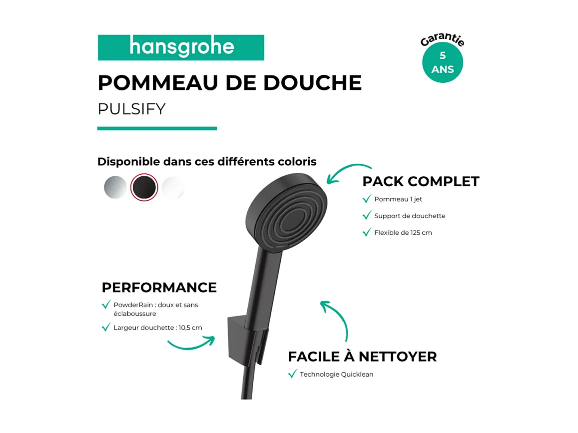 Ensemble support mural et douchette 105 1jet avec flexible 125 cm noir mat Hansgrohe Pulsify
