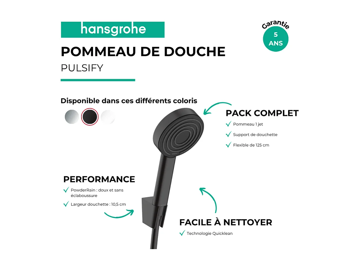 Ensemble support mural et douchette 105 1jet avec flexible 125 cm noir mat Hansgrohe Pulsify