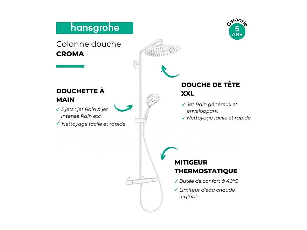 Colonne de douche thermostatique HANSGROHE Croma Select S 280 Blanc mat + nettoyant Briochin