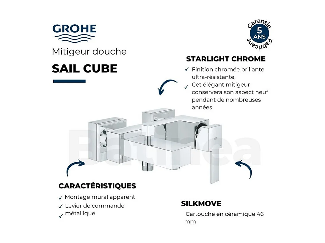 Mitigeur de douche mécanique GROHE Sail Cube chromé + nettoyant