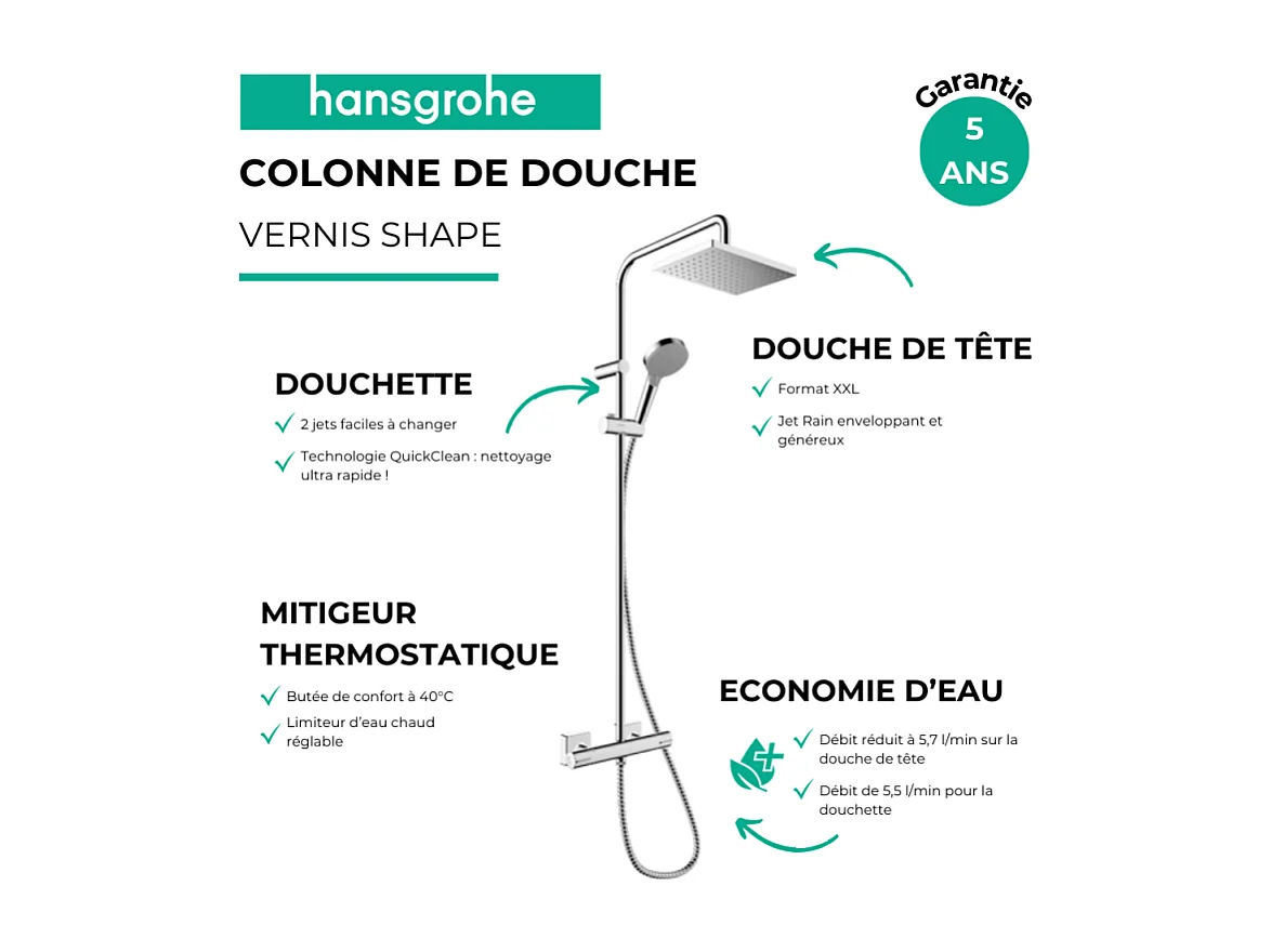 Colonne de douche thermostatique HANSGROHE Vernis Shape 230 Green chromé