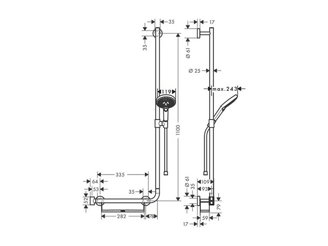 Set de douche 120 3jet avec barre Unica'Comfort110 cm et poignée d'appui à gauche chromé Hansgrohe Raindance Select S