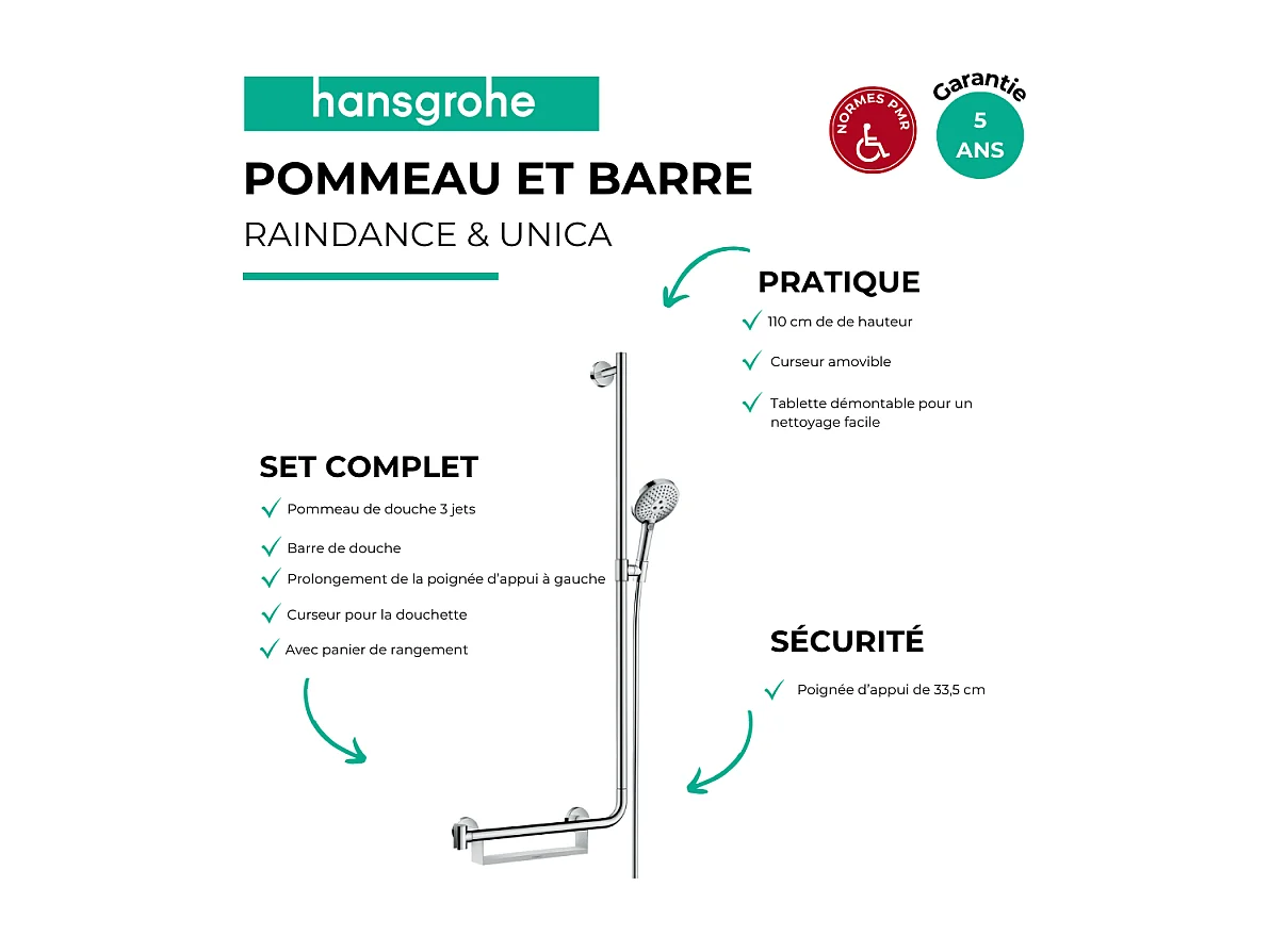 Set de douche 120 3jet avec barre Unica'Comfort110 cm et poignée d'appui à gauche chromé Hansgrohe Raindance Select S