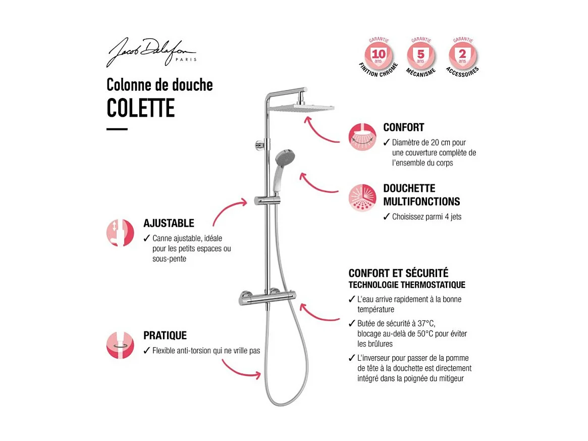 Colonne de douche thermostatique JACOB DELAFON Colette Chrome + nettoyant Briochin