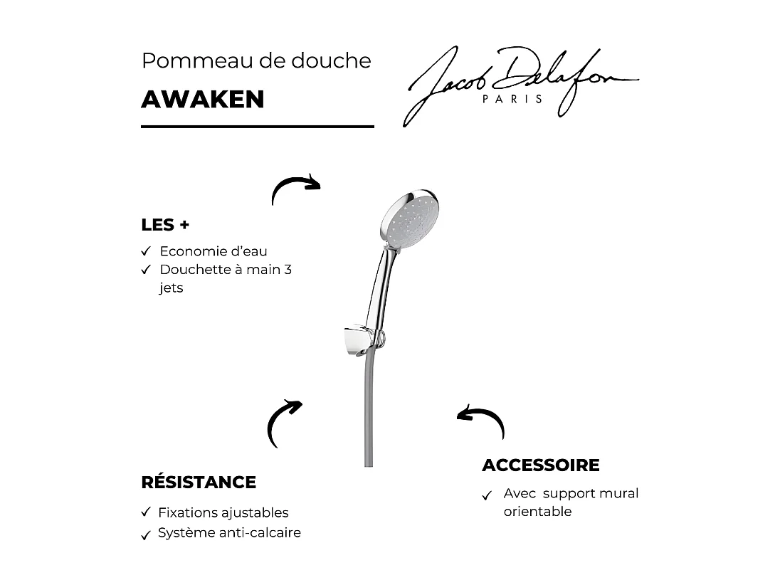 Douchette 3 jets JACOB DELAFON Awaken organic avec support