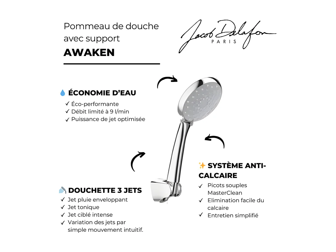 Douchette 3 jets JACOB DELAFON Awaken organic avec support