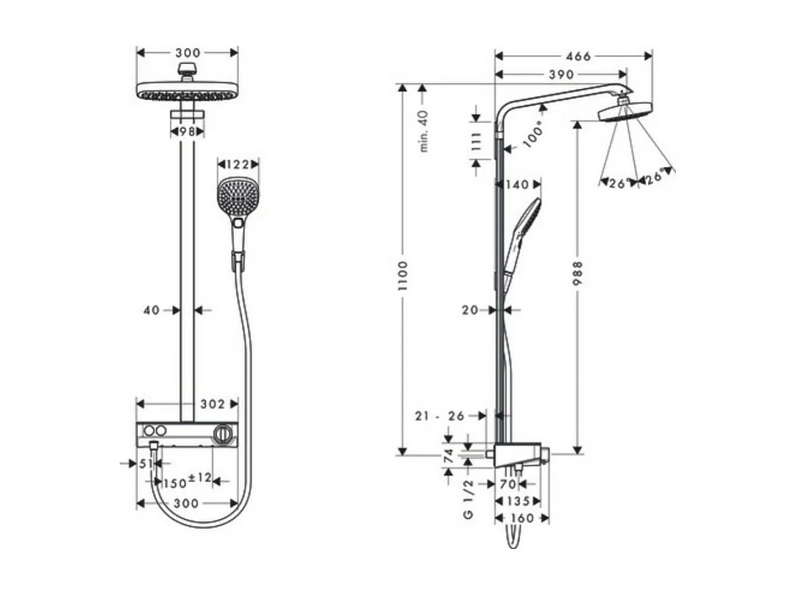Colonne de douche thermostatique HANSGROHE Raindance Select E 300 EcoSmart avec mitigeur 30 cm chromé