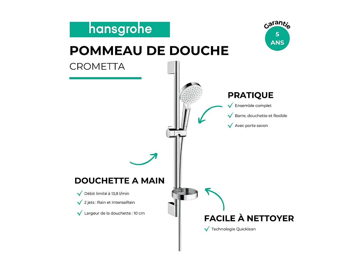 HANSGROHE Crometta rociador flexible de 2 chorros, barra de 65 cm y jabonera blanco/cromo
