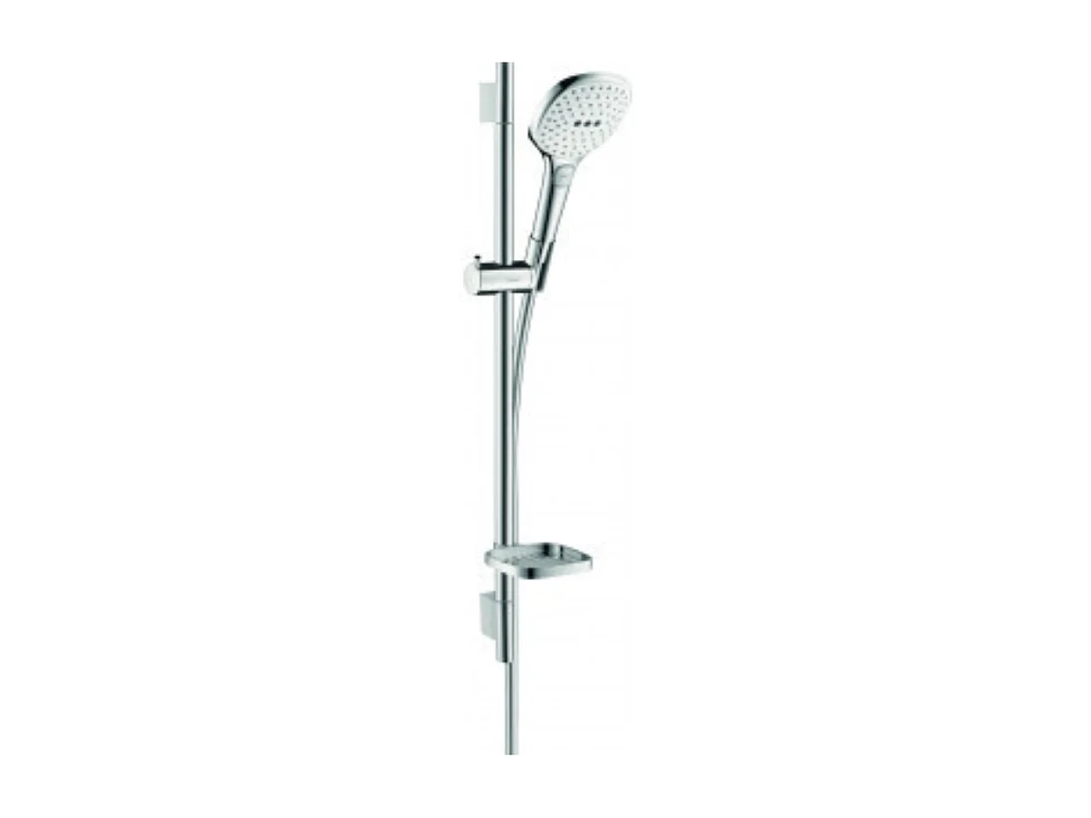 Set de douche 120 3jet EcoSmart 9 l/min avec barre Unica'S puro 65 cm et porte-savon blanc/chromé Hansgrohe Raindance Select E
