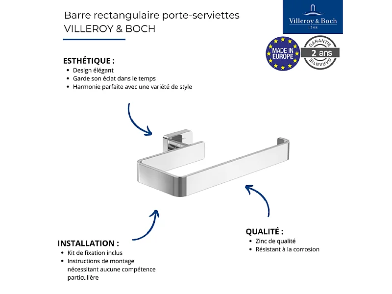 Barre rectangulaire porte-serviettes VILLEROY ET BOCH Elements - Striking Noir Mat