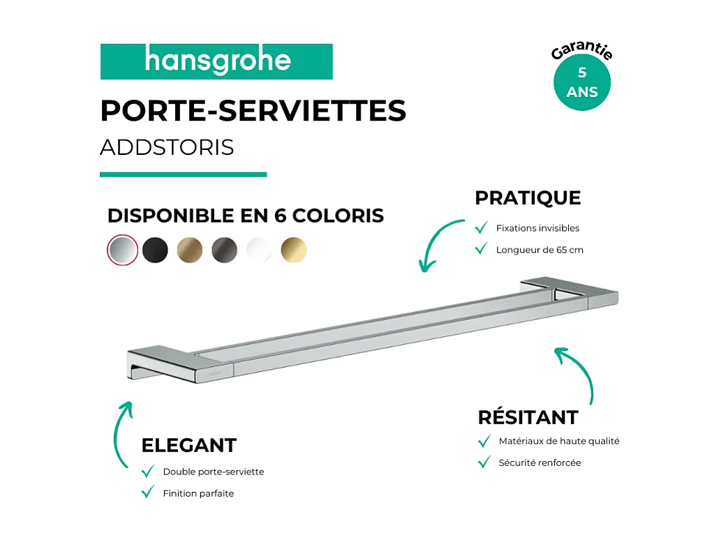 Porte-serviettes double rail 648 mm chromé Hansgrohe AddStoris